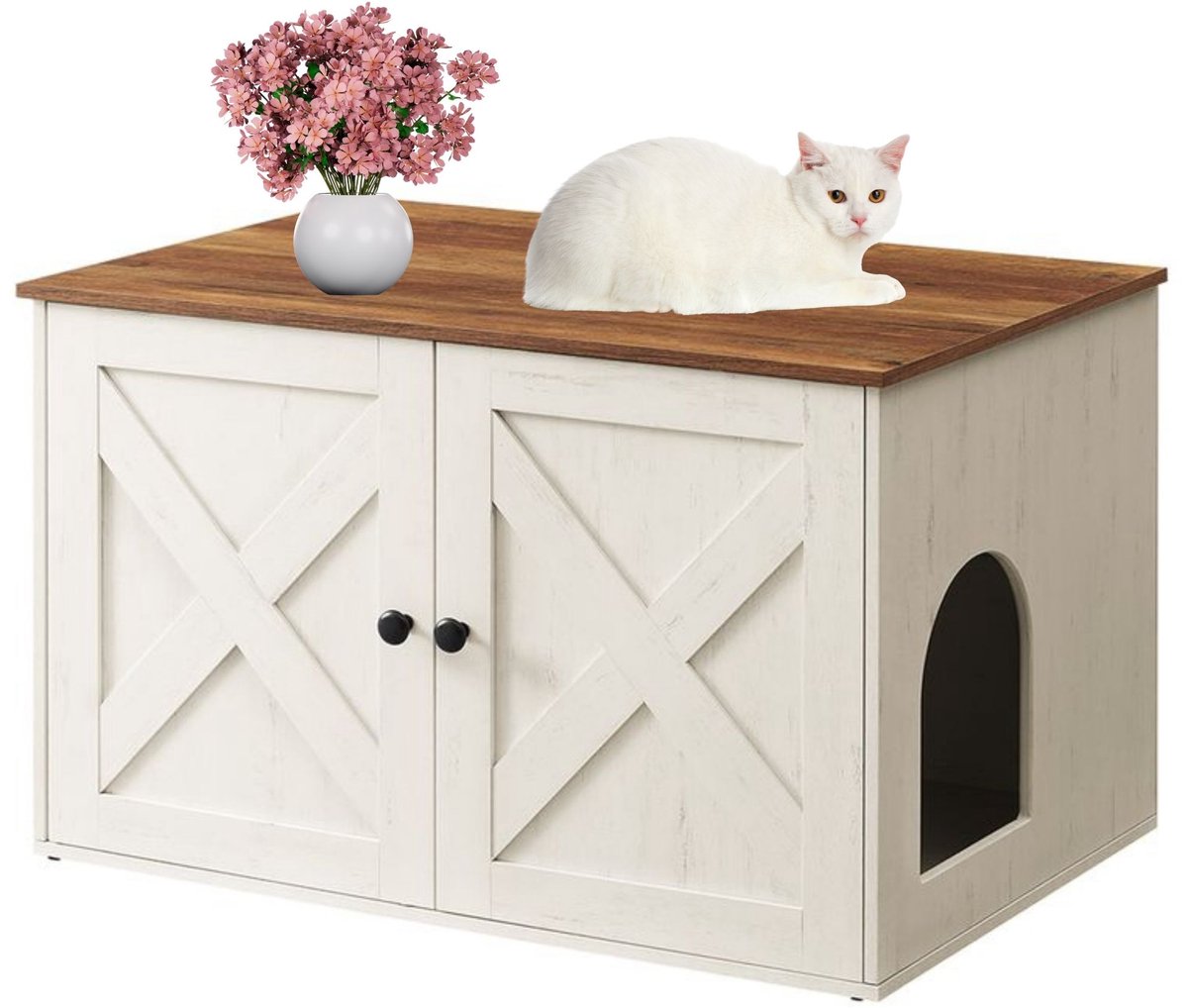 Signature Home Kattenbak Kast - kattenbakkast met verwijderbare verdeler - tafel - Kattenbak Ombouw - honingbruin-vintage wit - 80 x 53 x 50 cm