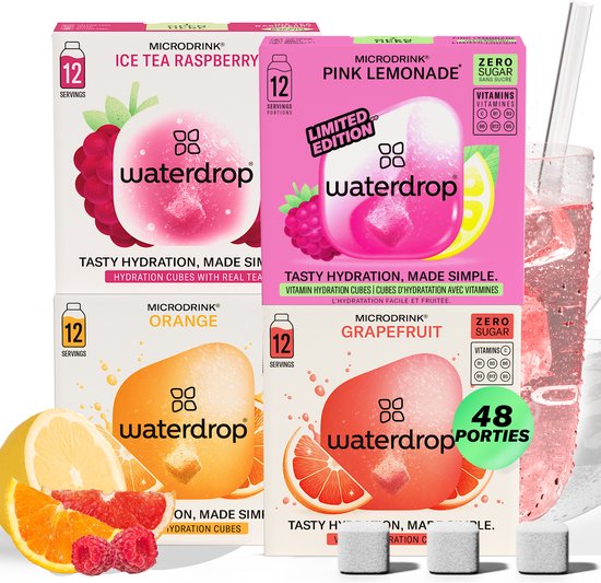 waterdrop® Microdrink Limonade Set – 48 suikervrije hydratatieblokjes: PINK LEMONADE, ICE TEA FRAMBOOS, GRAPEFRUIT & SINAASAPPEL – Alternatief voor frisdrank – Suikervrij, met vitaminen