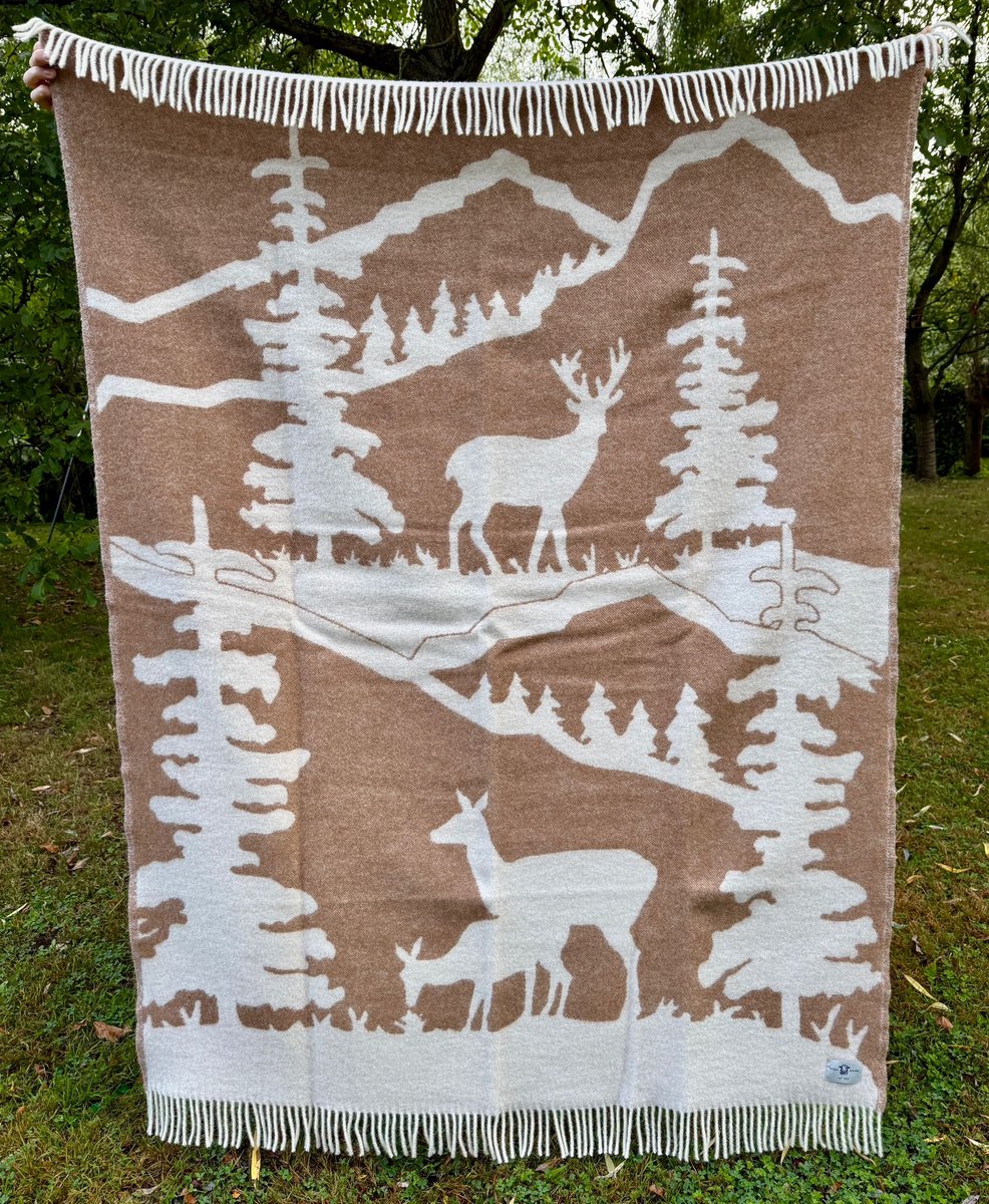 Wollen Plaid / Deken Forest Deer Cream/Brown - 100% nieuwe wol, extra dik - extra zacht - warm - isolerend - 2 kleurig - Must Have voor outdoor liefhebbers! - 130x170cm - Perfect cadeau idee