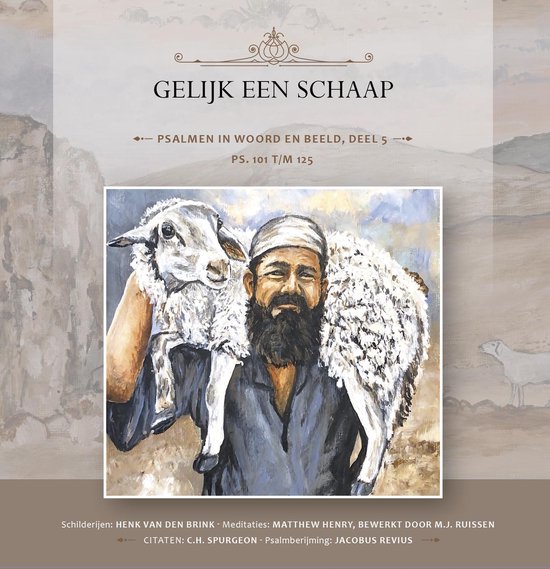 Schilderij van een man met een baard die een wit schaap op zijn schouders draagt. De man glimlacht naar de kijker.