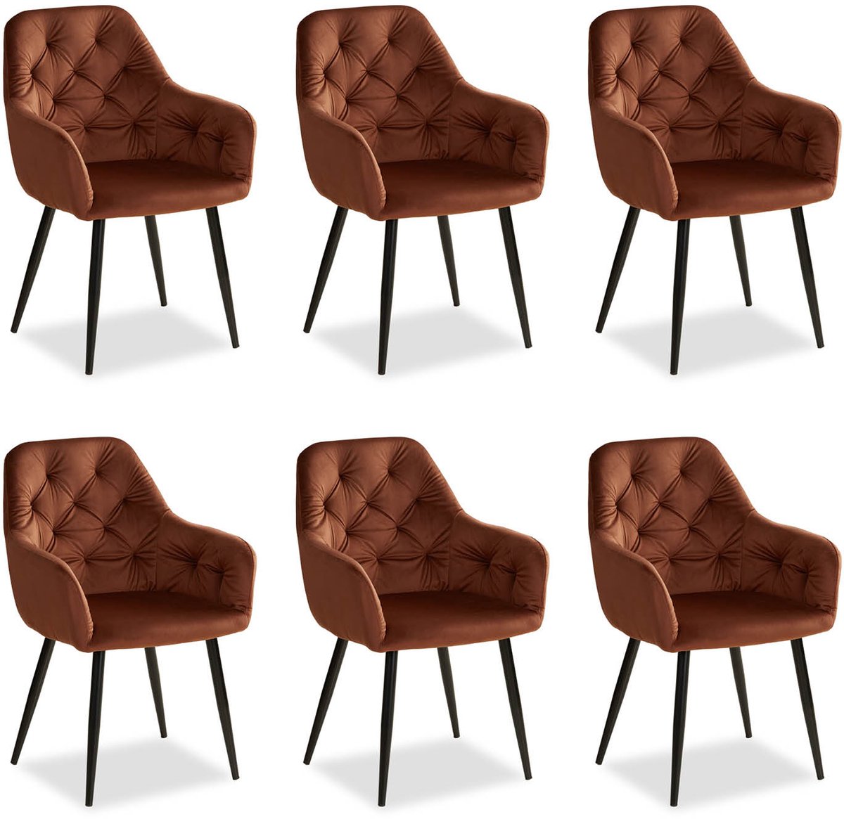 Homestyle4u Eetkamerstoelen van fluweel - 6 Stoelen - met armleuningen - Bruin