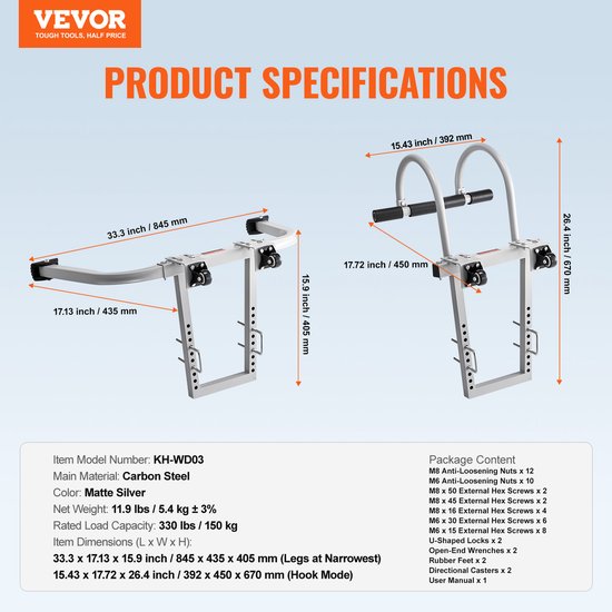 Product specificaties: zilverkleurige laddersteun, 150 kg draagvermogen, afmetingen 845x435x405mm.