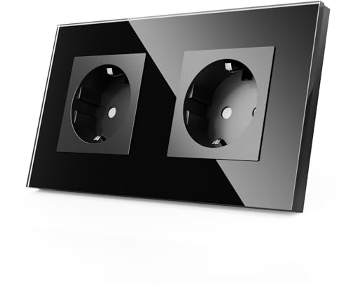 Dubbele Stopcontact 16 Amp met Zwart Geharde Glazen Paneel en Kinderbescherming