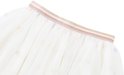 Off-white tule rok met elastische tailleband met gouden en roze glitterstrepen.