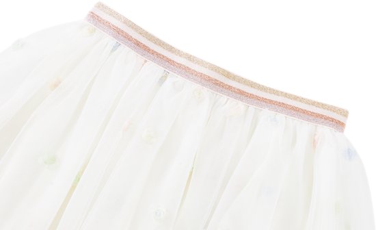 Off-white tule rok met elastische tailleband met gouden en roze glitterstrepen.