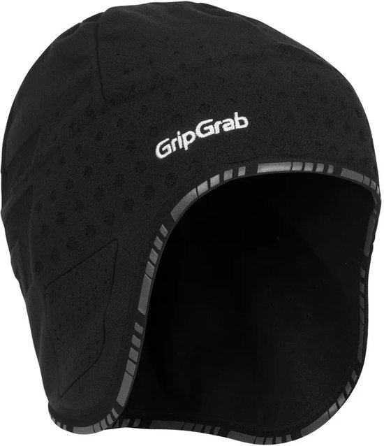 Zwarte GripGrab fietsmuts met reflecterende rand en stippenpatroon.