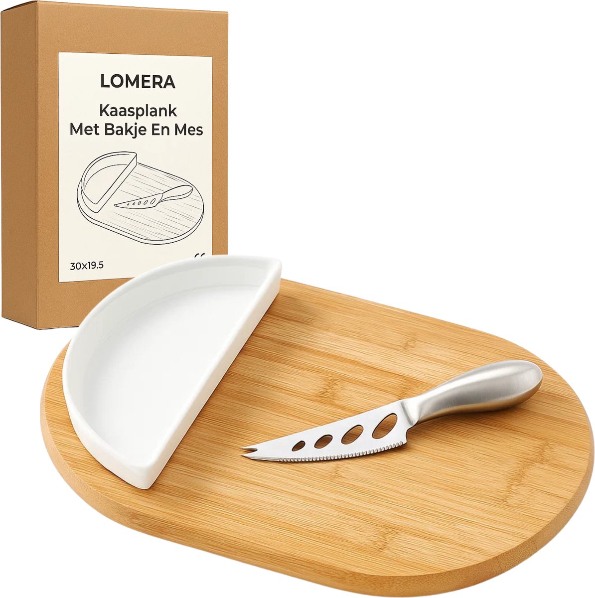 Lomera Kaasplank Set - Kaasplankje - Serveerplank - Ovaal Bamboe - Bakje & Mes - Porselein & Roestvrijstaal - Bamboe Kaasplank - Porseleinen Bakje - Roestvrijstalen Kaasmes - Ovale Plank - Serveerset - Kaas Serveerset — cadeau in Kookcadeaus - foto 2