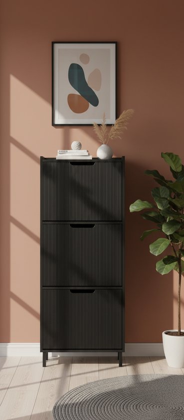 UEV Schoenenkast Met 3 Spiegeldeuren, Spiegelschoenenkast Smal Hout Schoenenkast Met Kantelbeveiliging Schoenenrek Hal Verstelbare Scheidingswanden Voor Verschillende Schoenen Zwart