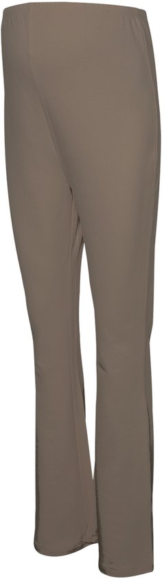 Bruine zwangerschapsbroek met hoge taille en uitlopende broekspijpen.