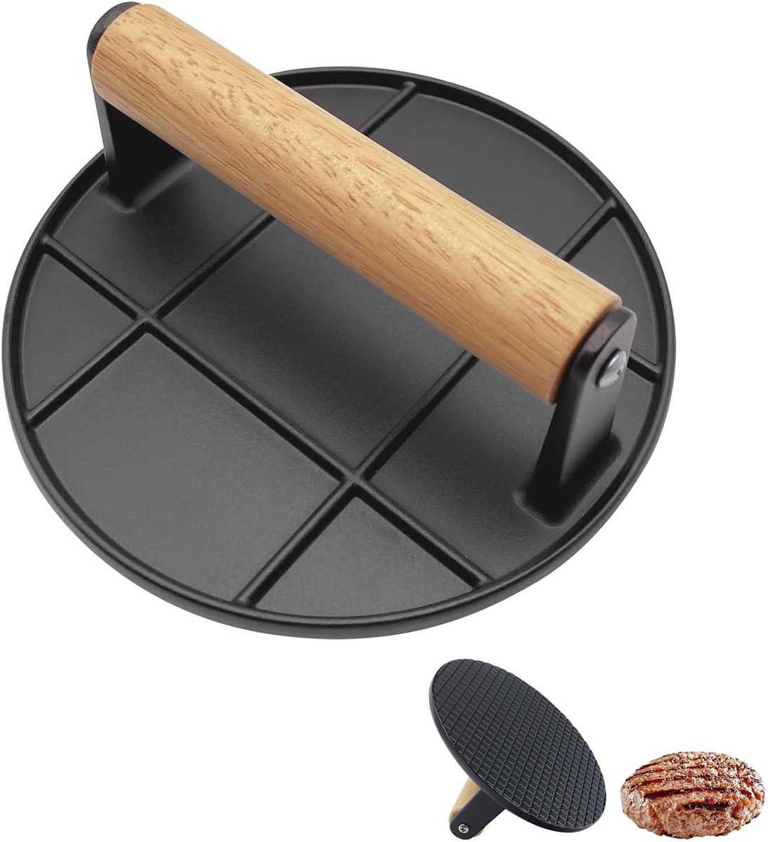 Smash Burger Press- ronde hamburgerpers van 16 cm- hittebestendig houten handvat- stickervrije hamburgerpers voor barbecue en grillen- zwart