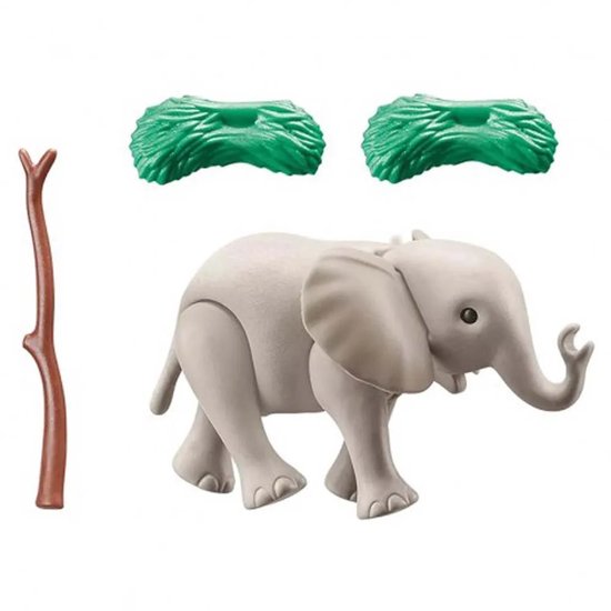 Grijze Playmobil babyolifant met bruine tak en twee groene struikjes.