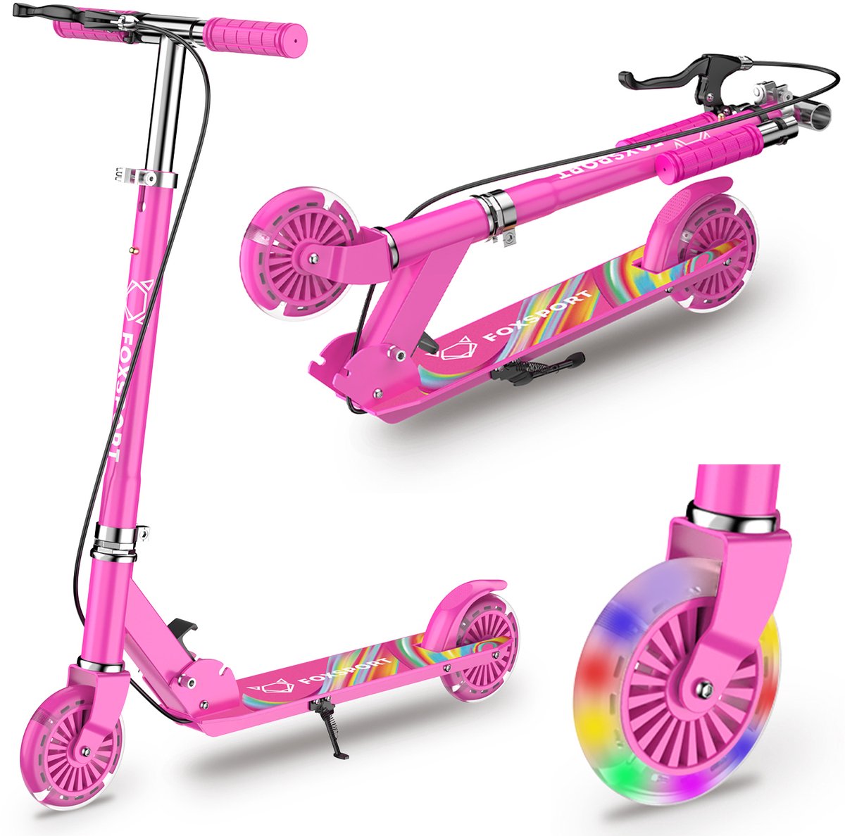 FOXSPORT Kinderstep - Step - Met handrem - Hoogteverstelling op drie niveaus - Speelgoed Jongens/Meisjes - Draagkracht tot 100 kg -120mm Lichtgevende Wielen - Roze rood