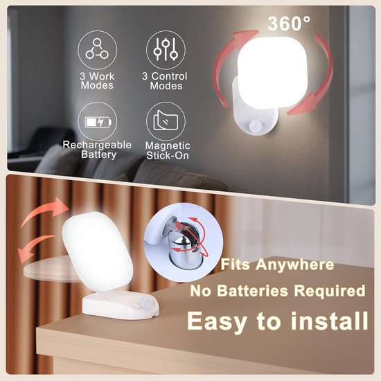 Nachtlampje met Bewegingsmelder en Accu - Instelbaar in 3 Kleuren en 10 Helderheidsniveaus — afbeelding 2