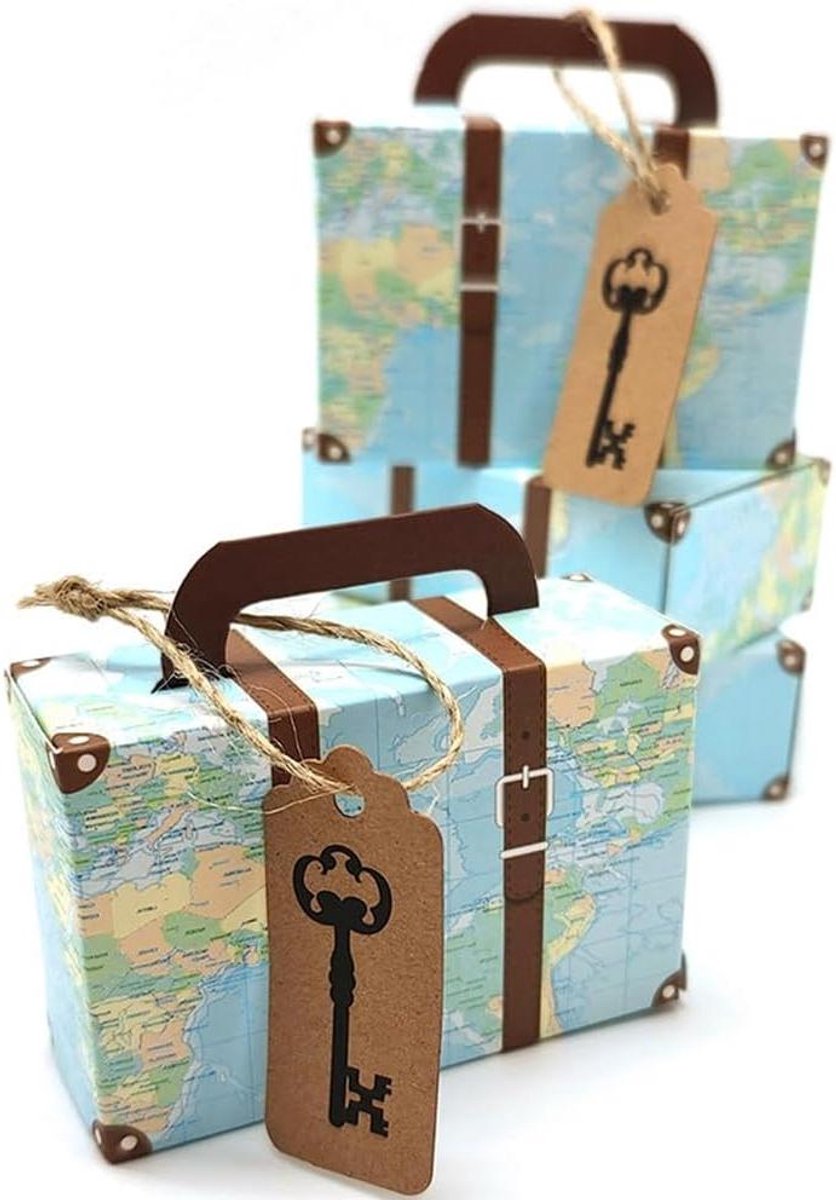 Allecta - Set van 50 mini-koffers met jute touwen en kraftpapieren etiketten - Geschenkdoosjes voor snoep - Vintage vierkante kofferbox voor DIY gastgeschenken - Papieren doe-het-zelf doos
