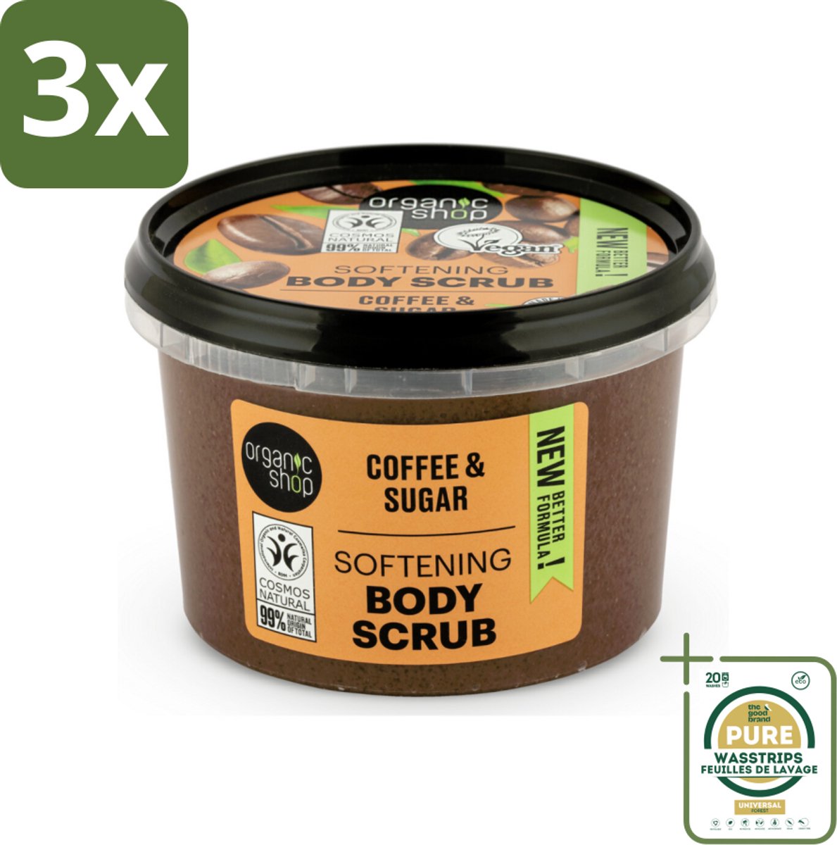 3 x Organic Shop - Organic Coffee & Sugar Body Scrub - Hydraterend en Peeling - 250 ml - Grootverpakking - Body Scrub - Exfolierende Scrub - Hydraterende Scrub - Koffieolie Scrub - Suiker Scrub