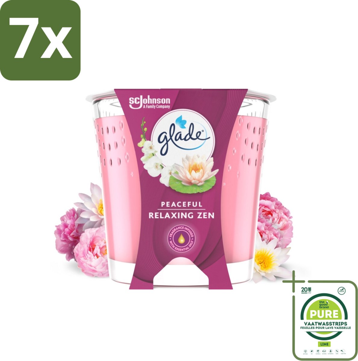 7 x Glade - Geurkaars Relaxing Zen - 100% Raapzaadwas - 112 g - Grootverpakking - Geurkaars - Relax - Zen - Rust - Balans