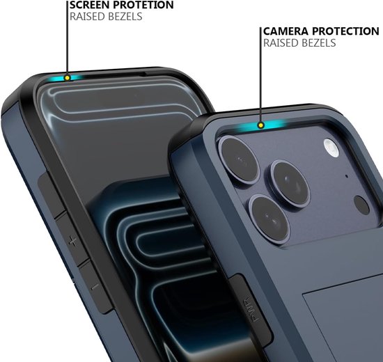 YPCd Hardcase Pasjeshouder Hoesje – Geschikt voor Apple iPhone 17 Pro Max – Shockproof Backcover met Verborgen Kaartvak / Kaarthouder – Donkerblauw