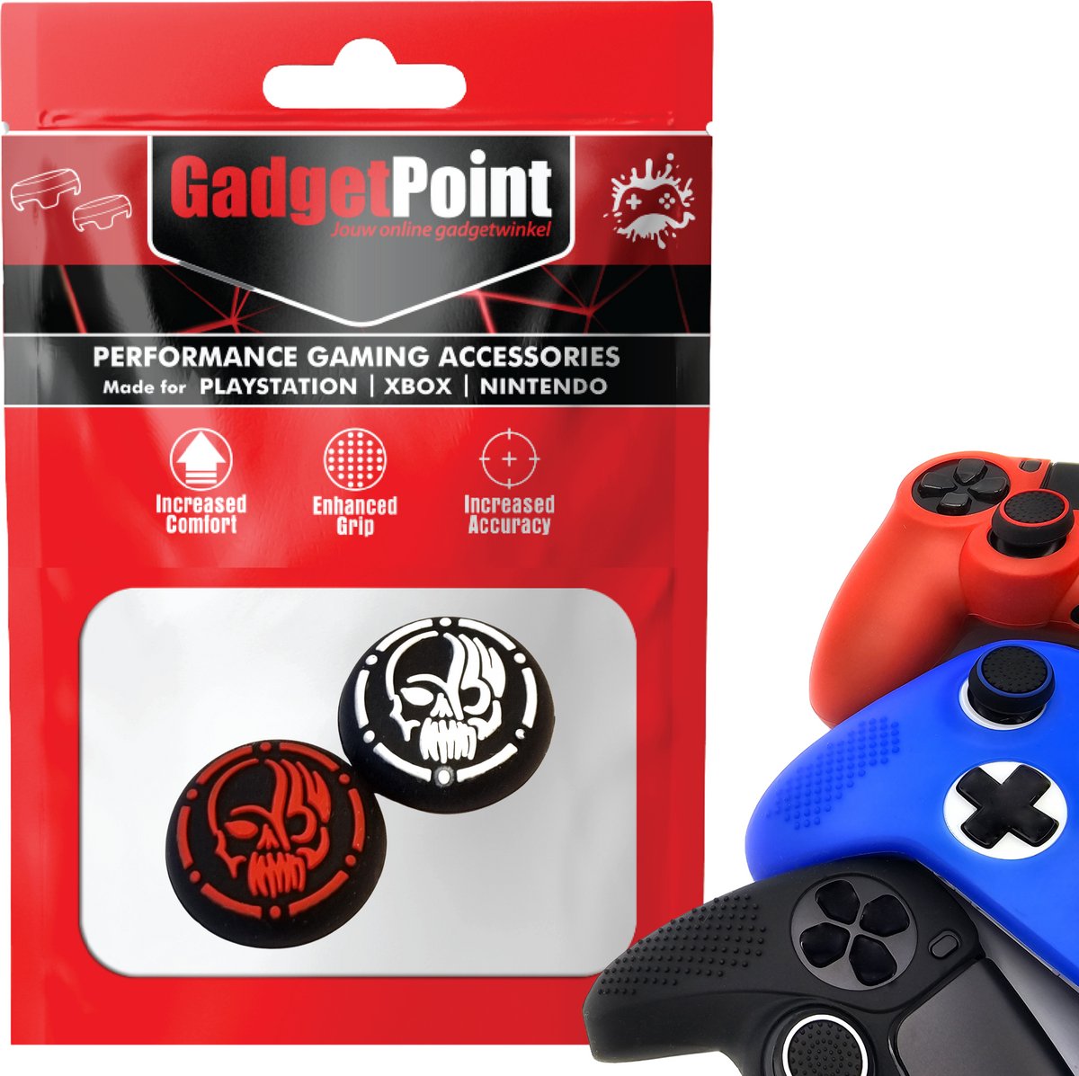Gadgetpoint - Thumb Grips voor PlayStation, PS5, Xbox X/S, One & Switch Pro Controller - Gaming Thumbgrips - Performance Anti-Slip Thumbsticks - Bescherming Accessoires - Skull - Rood/Wit