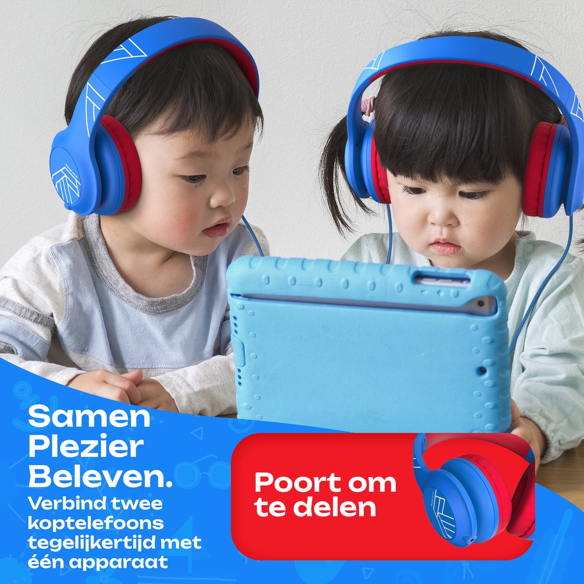 PowerLocus PLED Wired Kinder Koptelefoon met Draad USB-C - Koptelefoon voor kinderen - Veilig volume van 85dB en 94dB - Hoofdtelefoon - Met microfoon - Sharing Audio Functie - USB-C Blauw/Rood — afbeelding 4