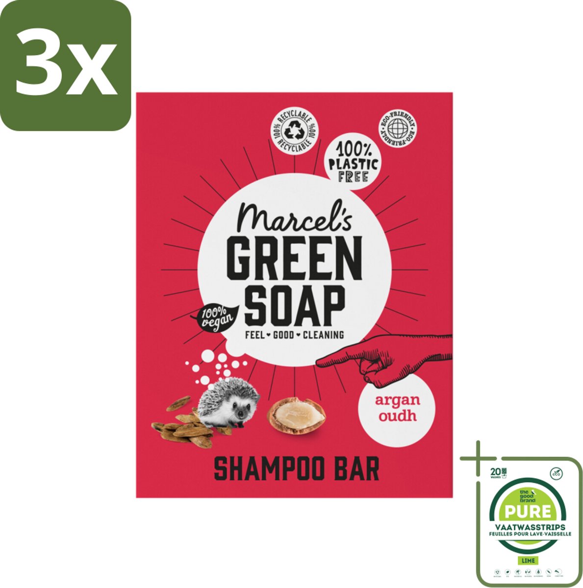 3 x Marcel's Green Soap - Shampoobar - Argan & Oudh - Versterkt & verzorgt - 90 gr - Grootverpakking - Shampoobar - Argan - Oudh - Biologische Shampoo - Plasticvrije Shampoo