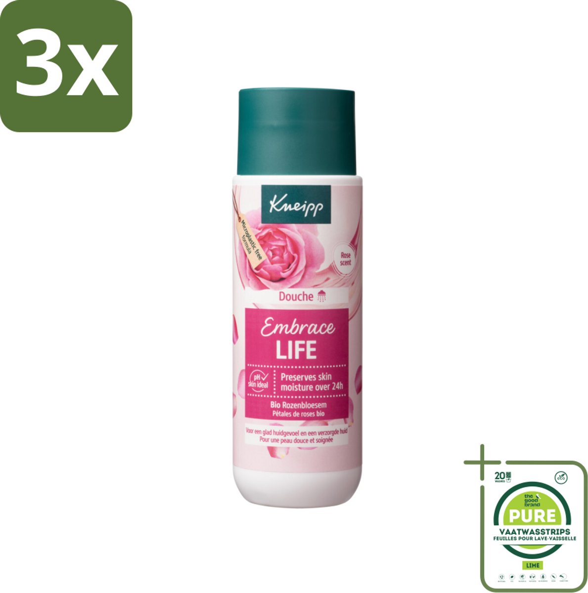 3 x Kneipp - Douchegel - Embrace Life - 200 ml - Grootverpakking - Douchegel - Rozengeur - Hydraterend - Verzorgend - Vegan