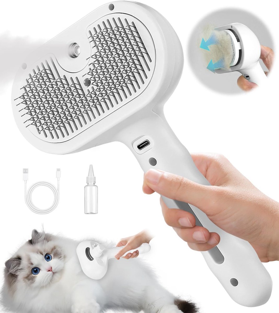 IBETTERTEC - Vachtborstel voor katten - Kattenborstel met stoom - Hondenborstel - Spraykam - RVS