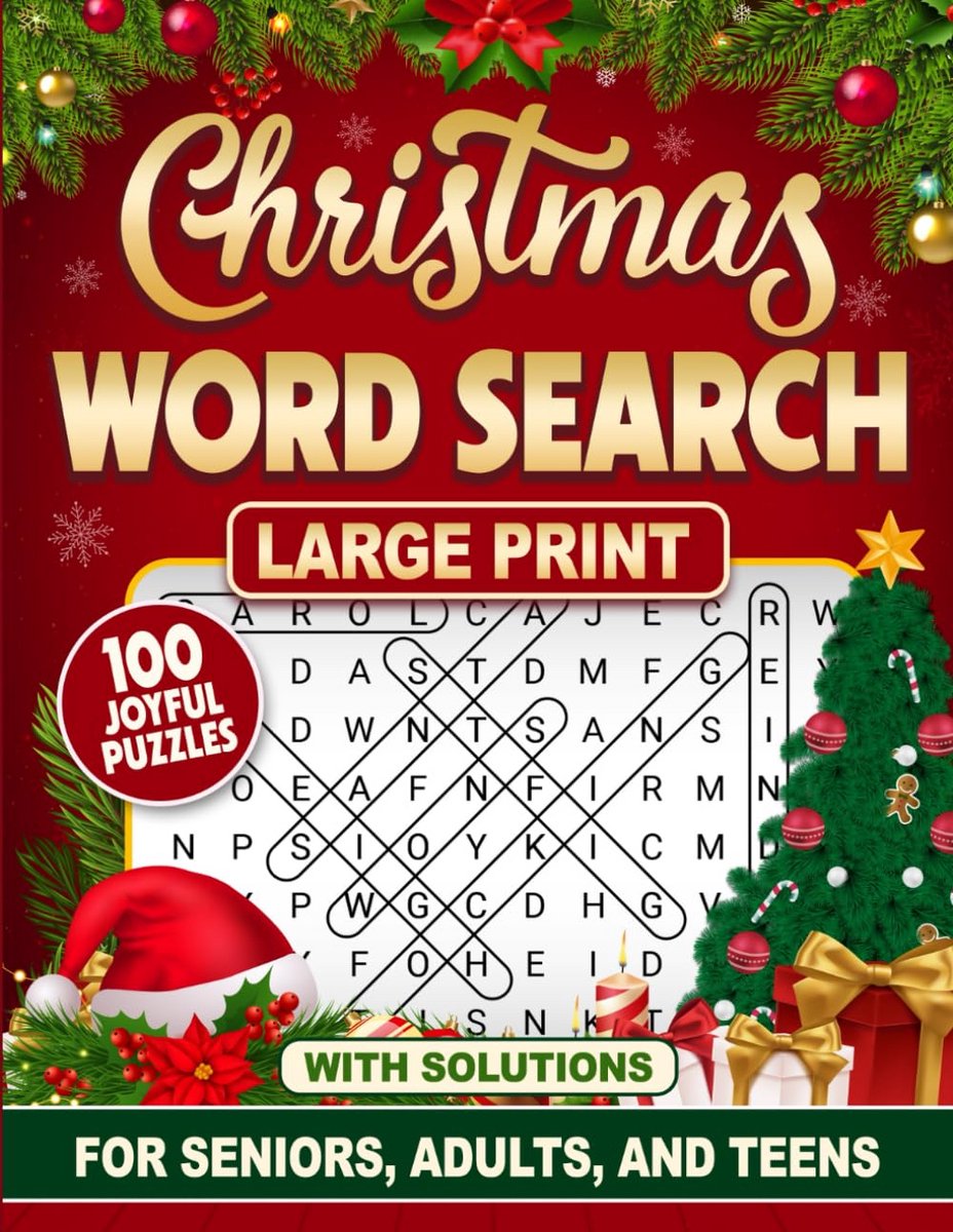 Grote Kerst Woordzoeker Voor Seniors en Volwassenen: 100 Puzzels Met Oplossingen