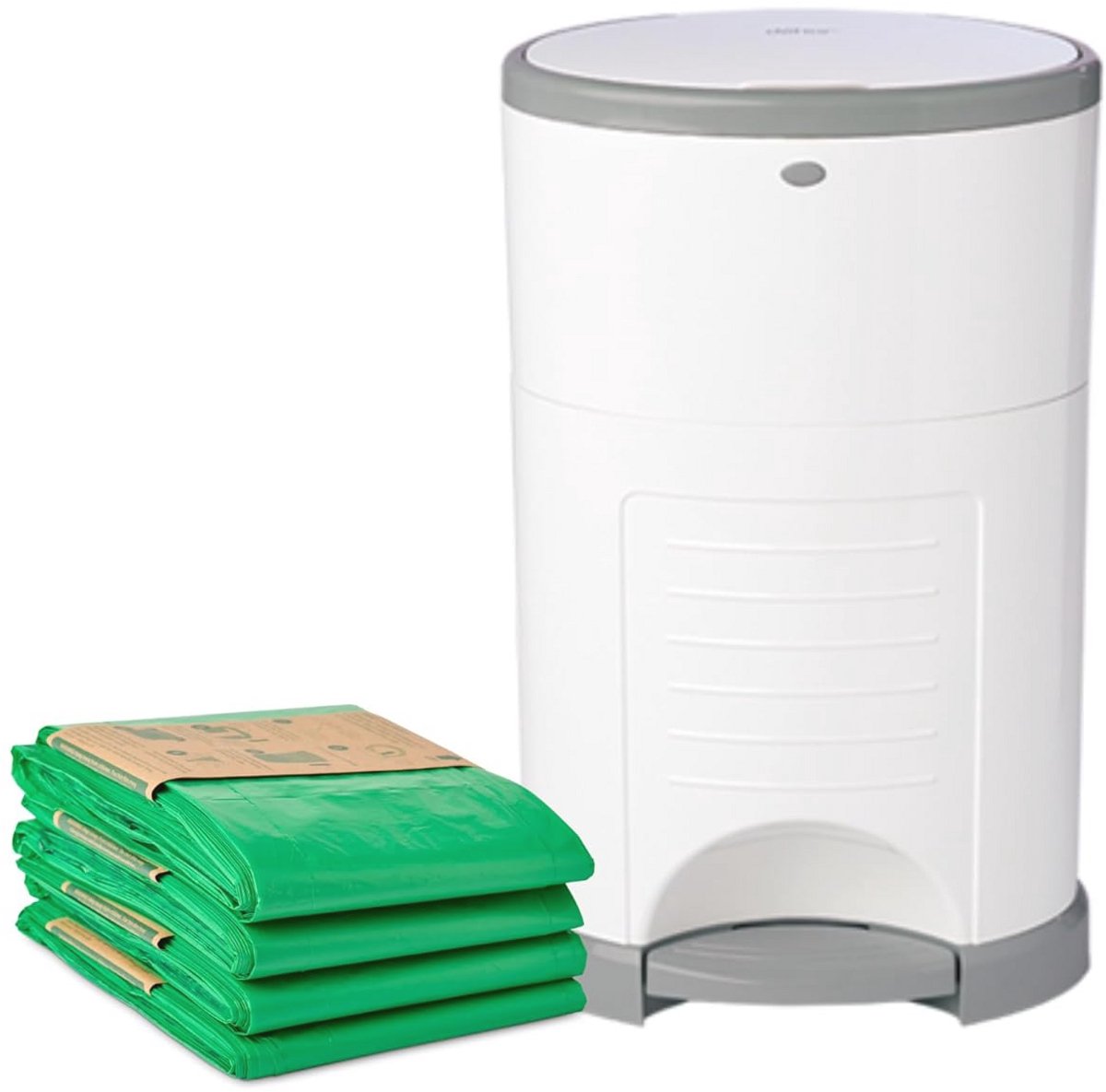Diaper Dekor EKO Classic Luieremmer Geschenkset, Wit | ALLEEN Milieuvriendelijke Luieremmer Gemaakt van 70% Gerecycleerde Materialen | Wordt geleverd met een voorraad van maximaal een jaar aan Diaper