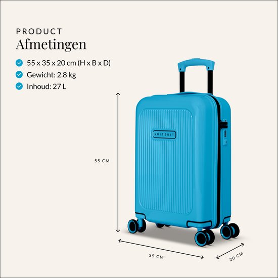 Blauwe handbagage koffer van 55x35x20 cm, met een gewicht van 2.8 kg en een inhoud van 27 L.