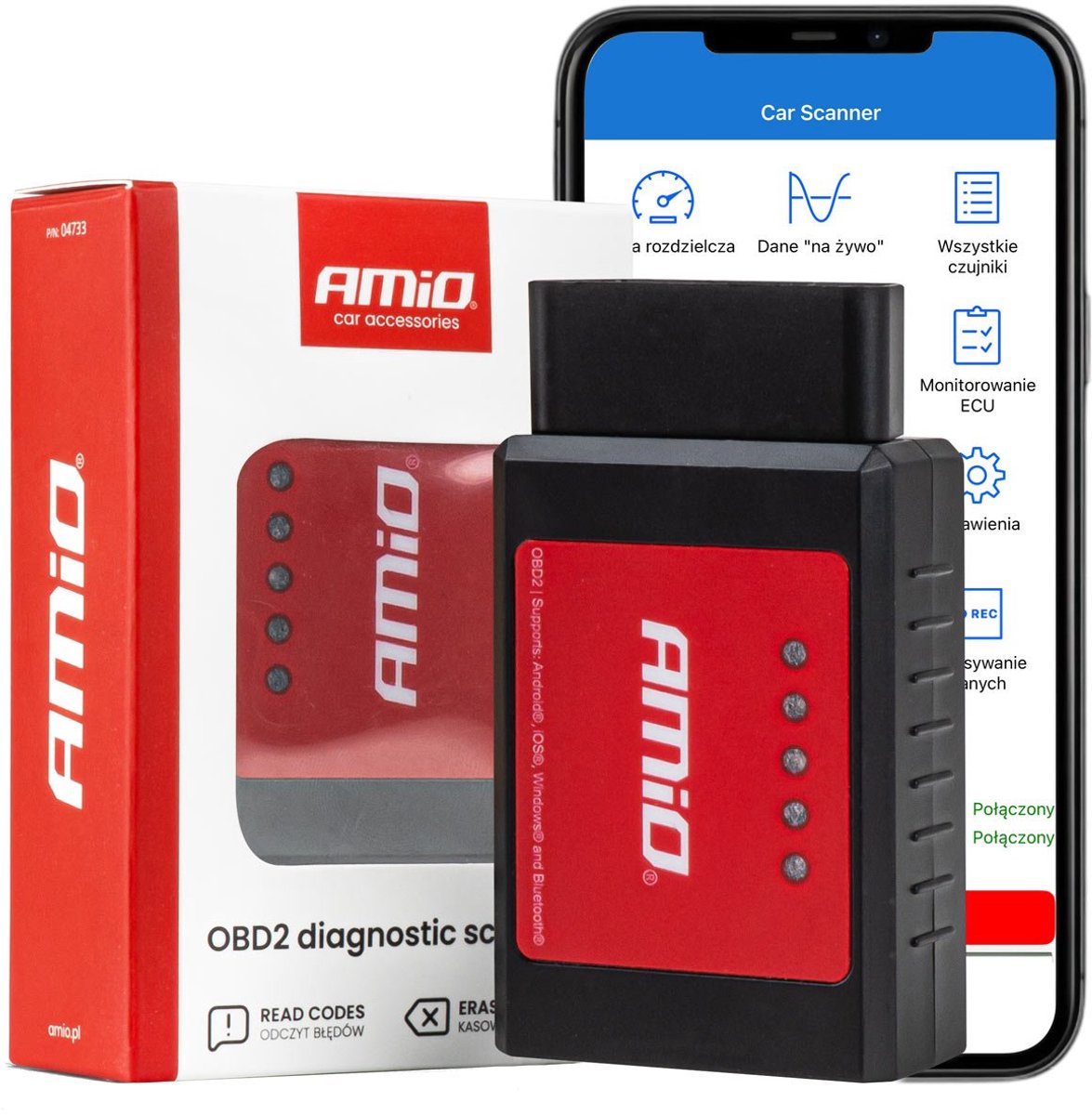 AMiO OBD2 Bluetooth XL Diagnosescanner en Foutcodes Uitlezen en Wissen via App – Draadloze Auto- en Truckdiagnose voor iOS Android en Windows - Errors Verwijderen App Tool