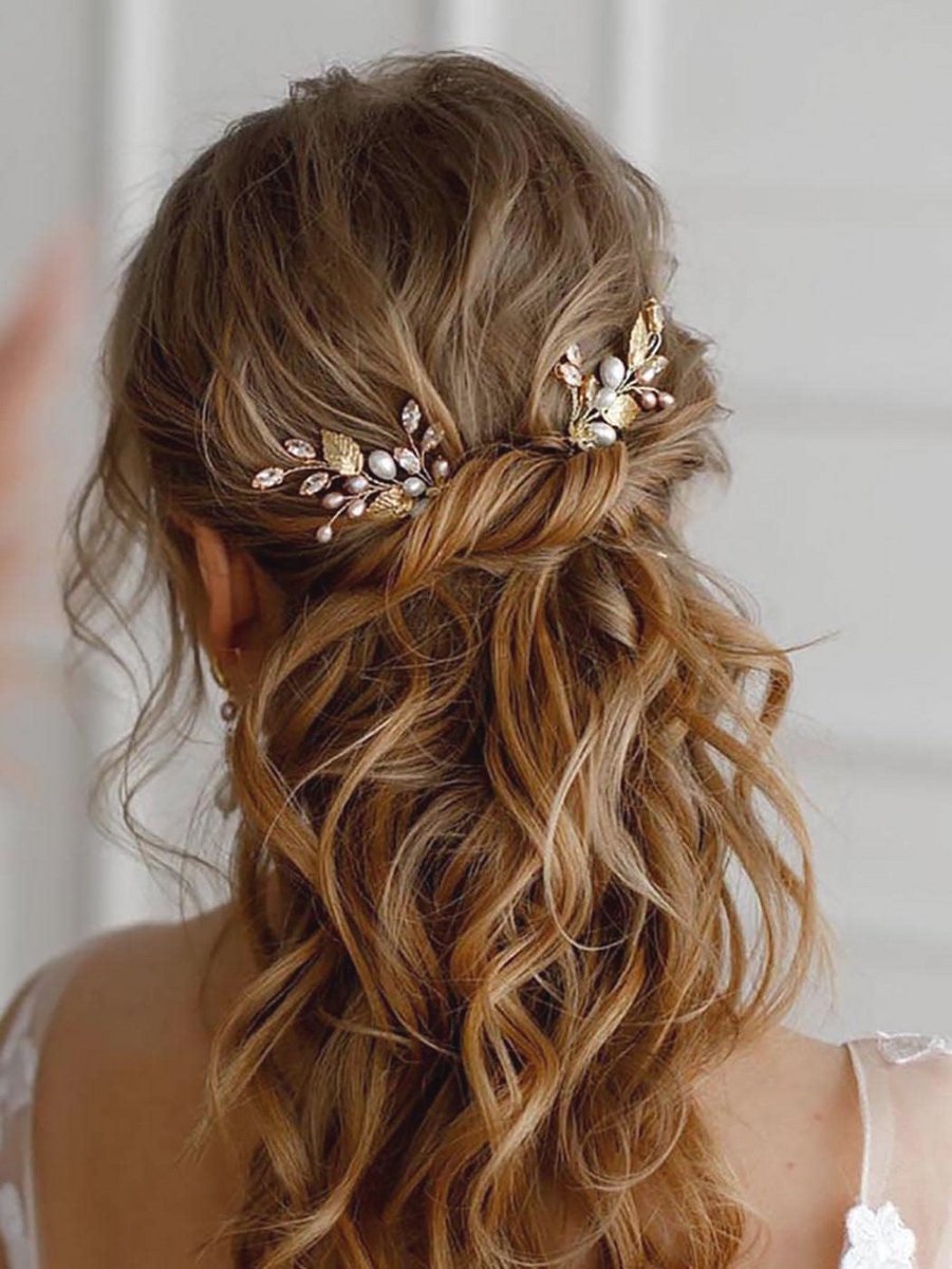 Bloemige Haarspelden Set - Gouden Kristal Haaraccessoires voor Bruiloft en Feest