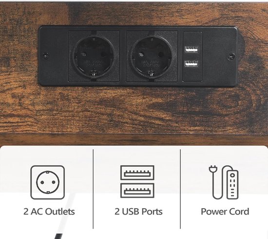 MAHANCRIS Printerwagen – 3 Lagen – Industrieel Bruin – Met 2 Stopcontacten & 2 USB-poorten – 4 Zwenkwielen – Max 20 Kg Per Plank