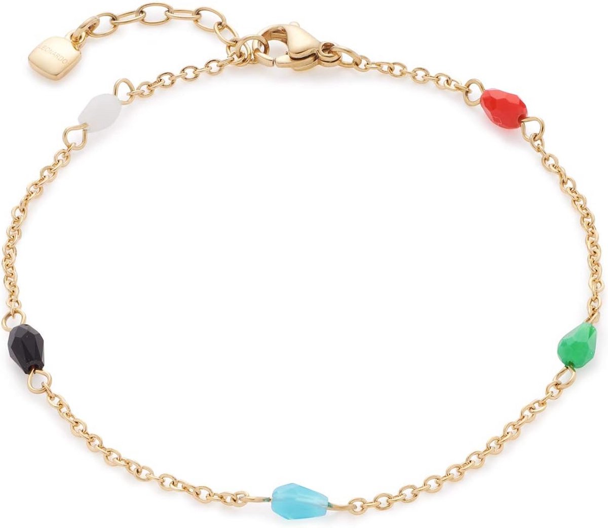 Dames schakelarmband met kleurrijke glasparels en ankerkettinkje