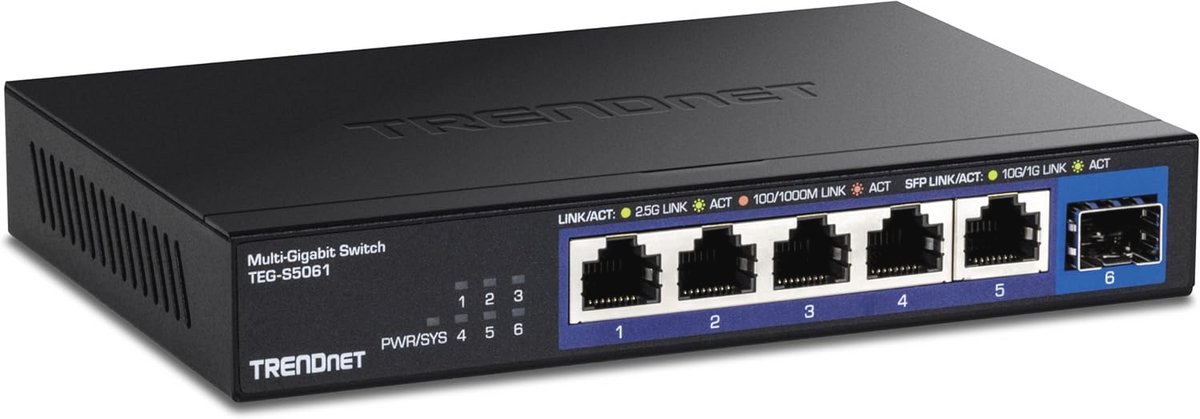 6-poorts onbeheerde 2.5G-switch met 10G SFP+-poort – Ventilatorloos, Wandmontage, Zwart