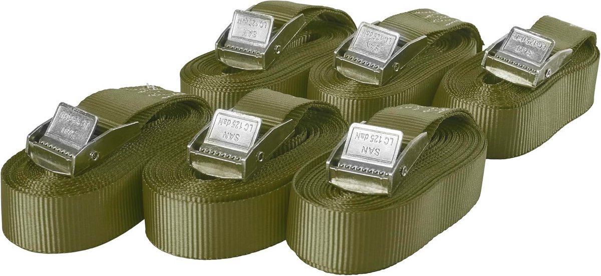 Spanbanden met Klemsluiting Set van 6 - Hoogwaardige Sjorbanden voor Ladingbeveiliging tot 250 kg - 4m x 25mm - Olijfgroen