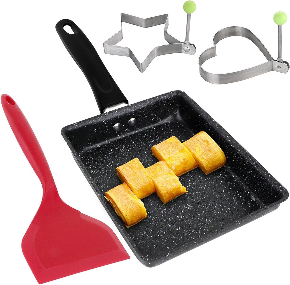 Allecta - Mini rechthoekige eierpan voor Japanse omeletten met spatel en eierringen - Non-stick kookgerei voor thuisgebruik met inductiekookplaat - Keukenpan voor gasfornuis