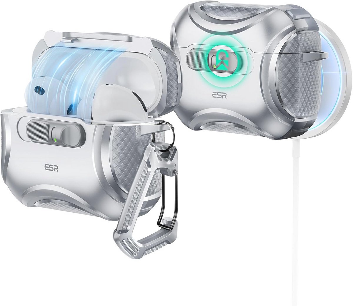 Cyber Tough Hoesje voor AirPods Pro - MagSafe Compatibel, Magnetische Sluiting, Volledige Valbescherming met Trekkoord, Grijs