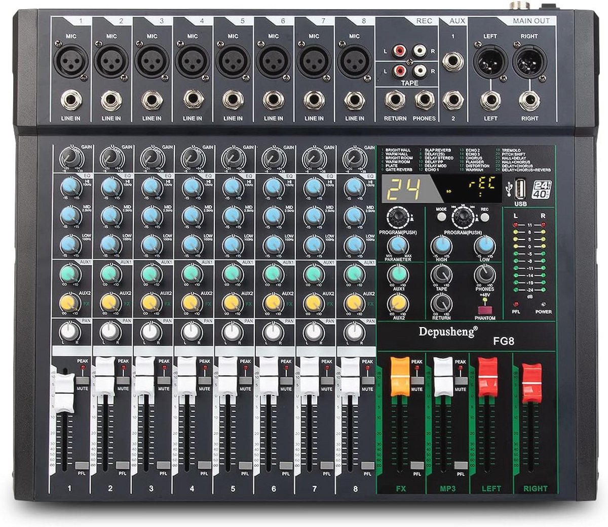 Professionele 8-kanaals audio mixer met USB interface en DSP effecten