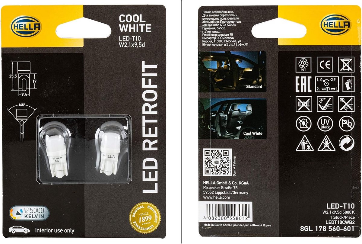 LED Gloeilamp Retrofit 12V - 1W - 5000K - W2,1x9,5d - Set van 2