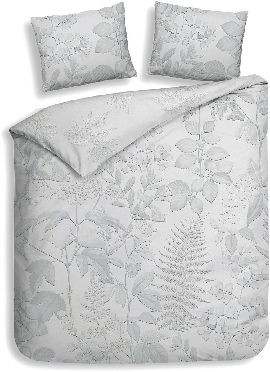 Heckettlane Dekbedovertrek Freyr - Bedlinnen met Bladeren print - 260x200-220 cm - Grijs - Dekbedovertrek van 100% Katoen-Dobby Grey