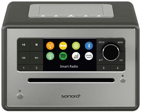 Grijze Sonoro radio met cd-speler, kleurenscherm en bedieningsknoppen.