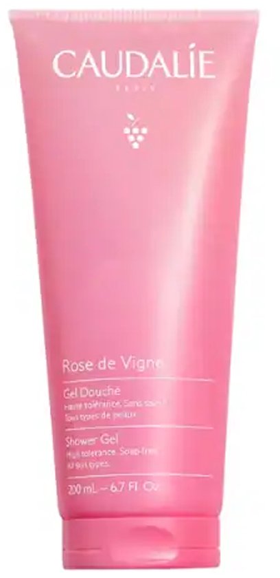 Een roze Caudalie Rose de Vigne douchegel tube met een witte dop.