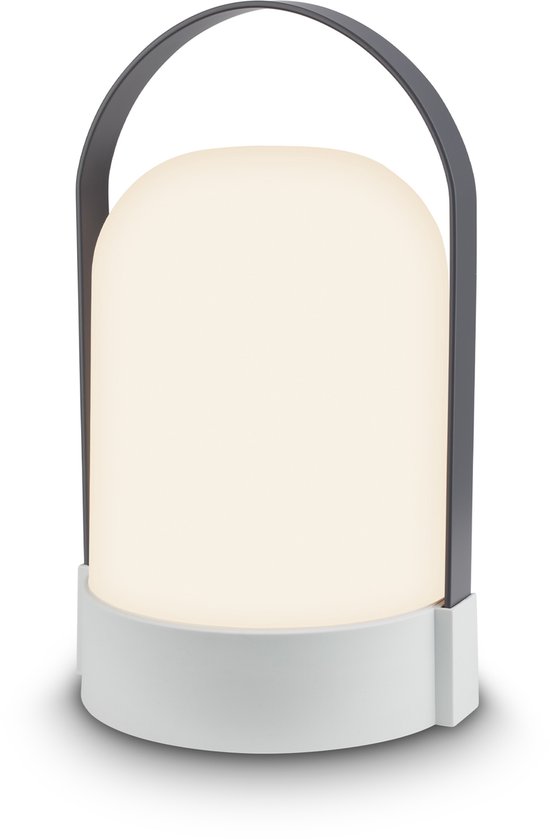 Lampe de table rechargeable blanche avec poignée grise, isolée sur fond blanc.