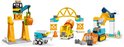 Bouwspeelgoed: gele kraan, vrachtwagen, betonmixer, graafmachine.