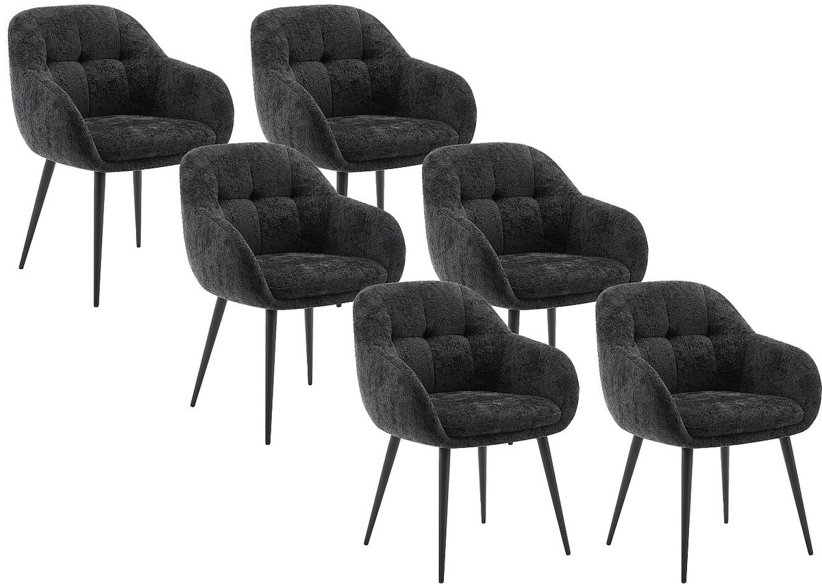 Vente-unique Set van 6 stoelen met armleuningen van stof met textuur en metaal - Zwart - LASSANDRA