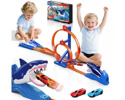VATOS Haai Racebaan Carrera Set - Dual Loop Racebaan Hotwheels - 2 Racewagens & Lanceerders Treinbaan- Educatief Speelgoed Voor Kinderen 3-8 Jaar