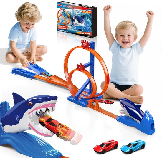 VATOS Haai Racebaan Carrera Set - Dual Loop Racebaan Hotwheels - 2 Racewagens & Lanceerders Treinbaan- Educatief Speelgoed Voor Kinderen 3-8 Jaar