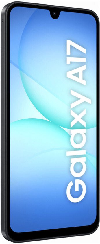 Zwarte Samsung Galaxy A17 smartphone, zijaanzicht, scherm toont 'Galaxy A17'.