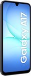 Zwarte Samsung Galaxy A17 smartphone, zijaanzicht, scherm toont 'Galaxy A17'.