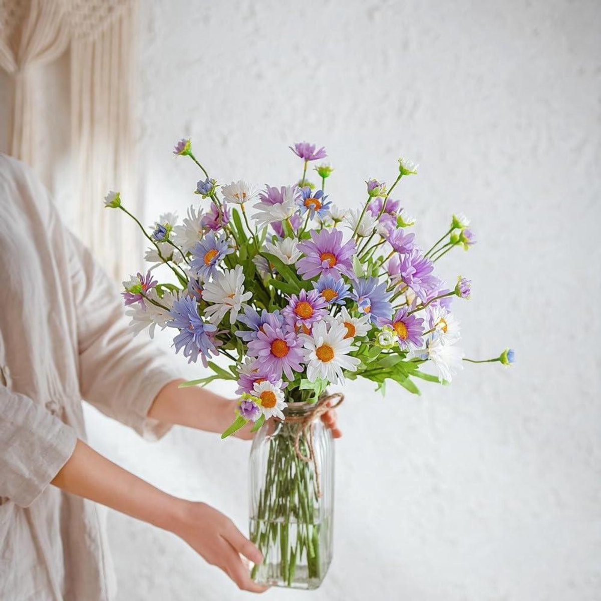 Cosensi Kunstmatige Madeliefjesbloemen - Buiten en Binnen - UV-bestendig - Decoratie voor Thuis en Tuin - Set van 6 - Wit en Blauw Any